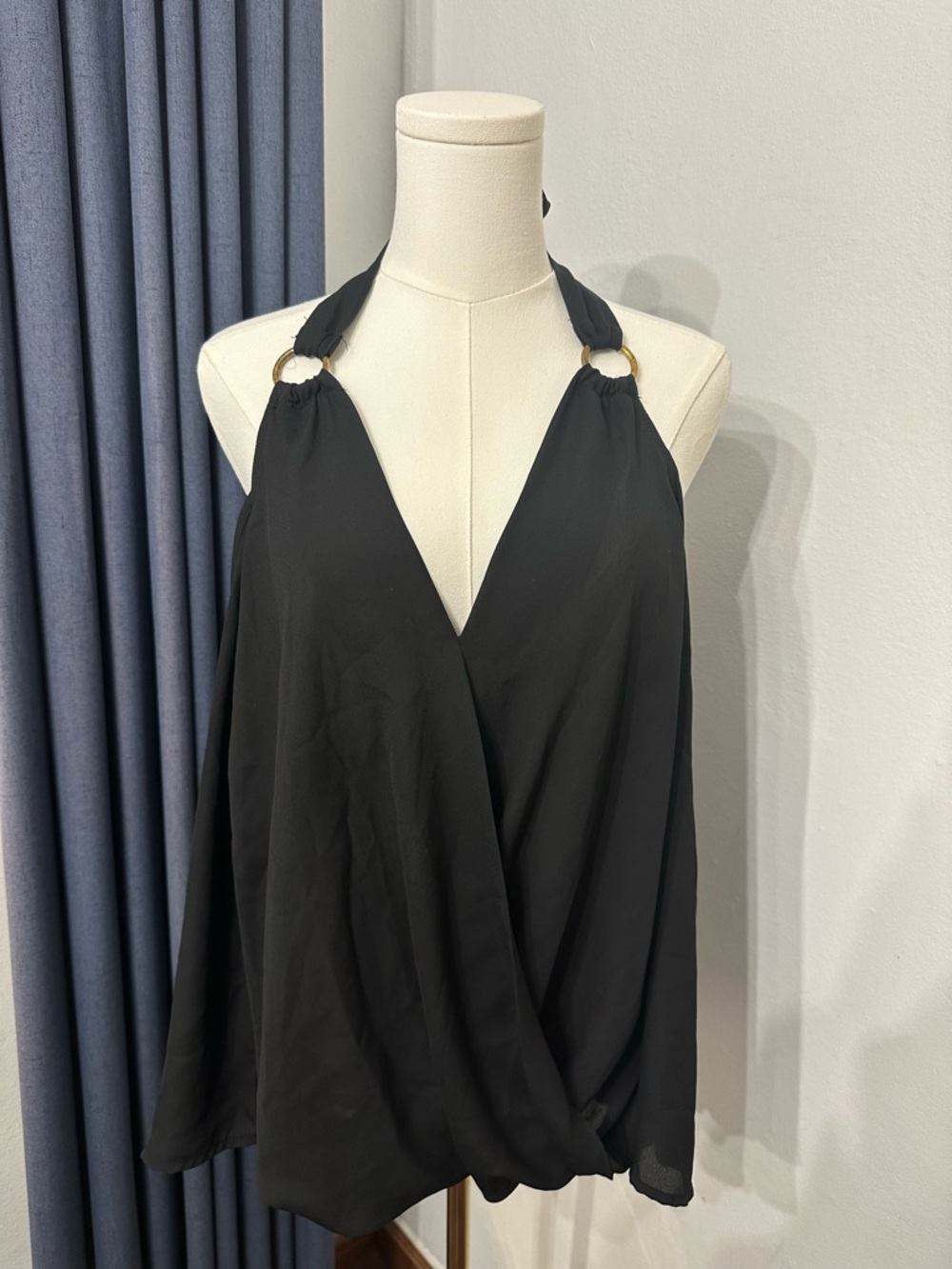 California Grown Black Halter Wrap Top Gold Ring Details Casual Business